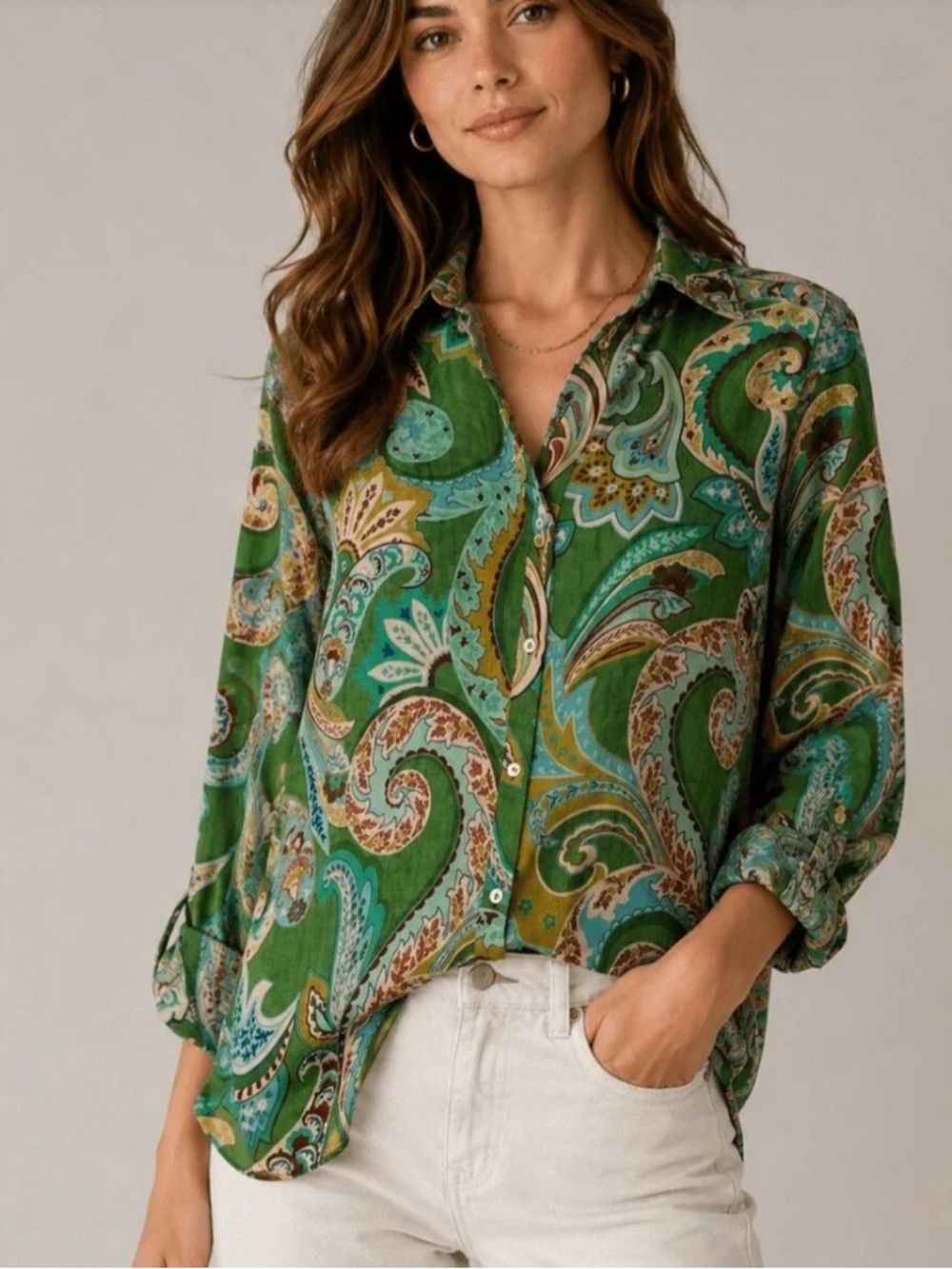 Zara Women’s Green Paisley Print Satin Buttoned Down Shirt Blouse